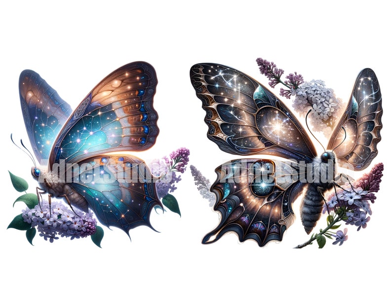 May include: Two intricate butterflies with iridescent wings, adorned with sparkling blue and gold accents, are depicted against a white background. Each butterfly is surrounded by delicate purple flowers.