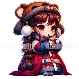 May include: A cartoon illustration of a young girl wearing a brown bear hat, a red and blue winter coat, and a traditional Korean hanbok dress. She is holding a cup of coffee and has a braided brown ponytail.