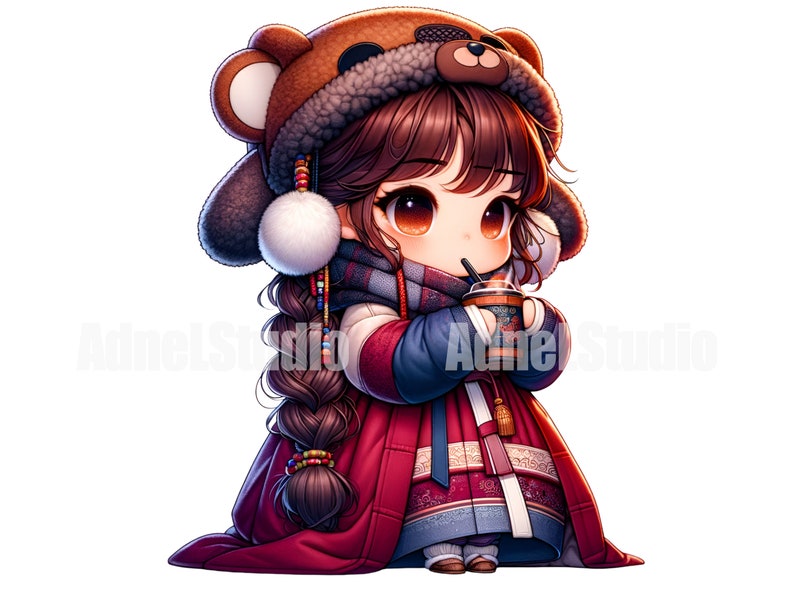May include: A cartoon illustration of a young girl wearing a brown bear hat, a red and blue winter coat, and a traditional Korean hanbok dress. She is holding a cup of coffee and has a braided brown ponytail.