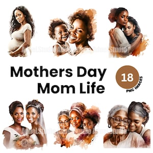 Clipart de Dia das Mães - 18 arquivos PNG de alta qualidade, downloads digitais de clipart de vida de mãe negra em aquarela - Criação de cartões, artesanato em papel digital