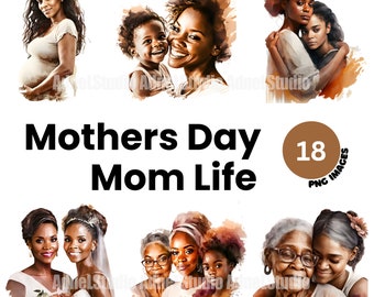 Mothers Day clipart - 18 High Quality PNG files, Watercolor black mom life clipart digital downloads - Card making, Digital paper craft