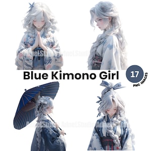Aquarell Blauer Kimono Mädchen Clipart, Japanisches Kleid Clipart, Geisha Mädchen Clipart, Japanisches Clipart, Anime Mädchen Clipart, Anime Mädchen Aufkleber