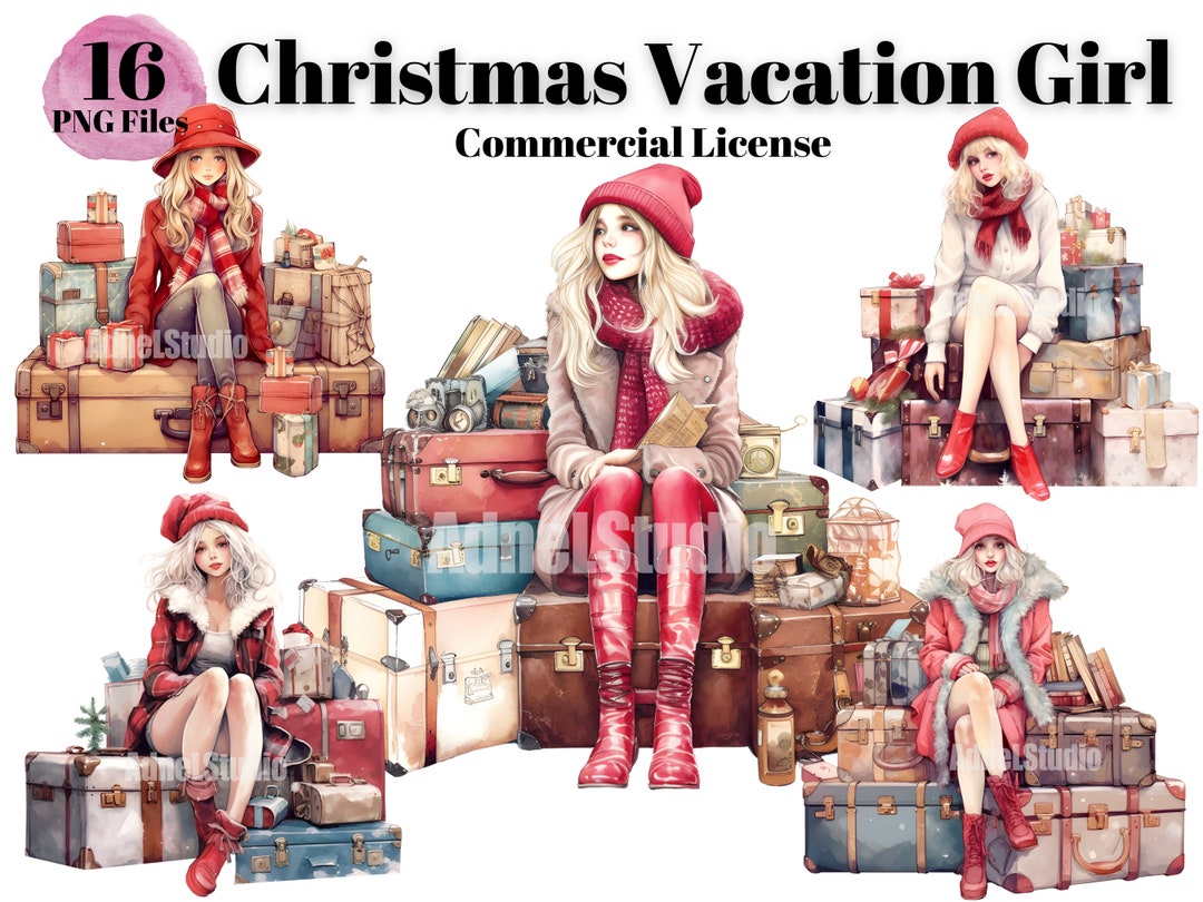 Christmas Vacation Girl Clipart Watercolor Winter Travel Etsy