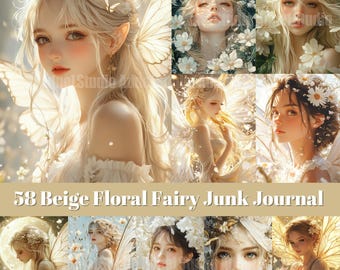 Watercolor Beige Fairy Clipart, Floral Fairy Junk Journal, Ethereal Fairy Art, Vintage Fairy Pages, Printable Fairy Kit, Fairy journal Kit