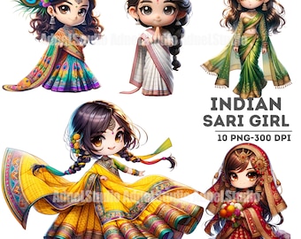 Watercolor Indian Sari Girl Clipart, Indian Sari Dress Clipart, Anime Girl Clipart, Traditional Dress Clipart, India Girl Dress Clipart
