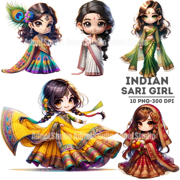Watercolor Indian Sari Girl Clipart, Indian Sari Dress Clipart, Anime Girl Clipart, Traditional Dress Clipart, India Girl Dress Clipart