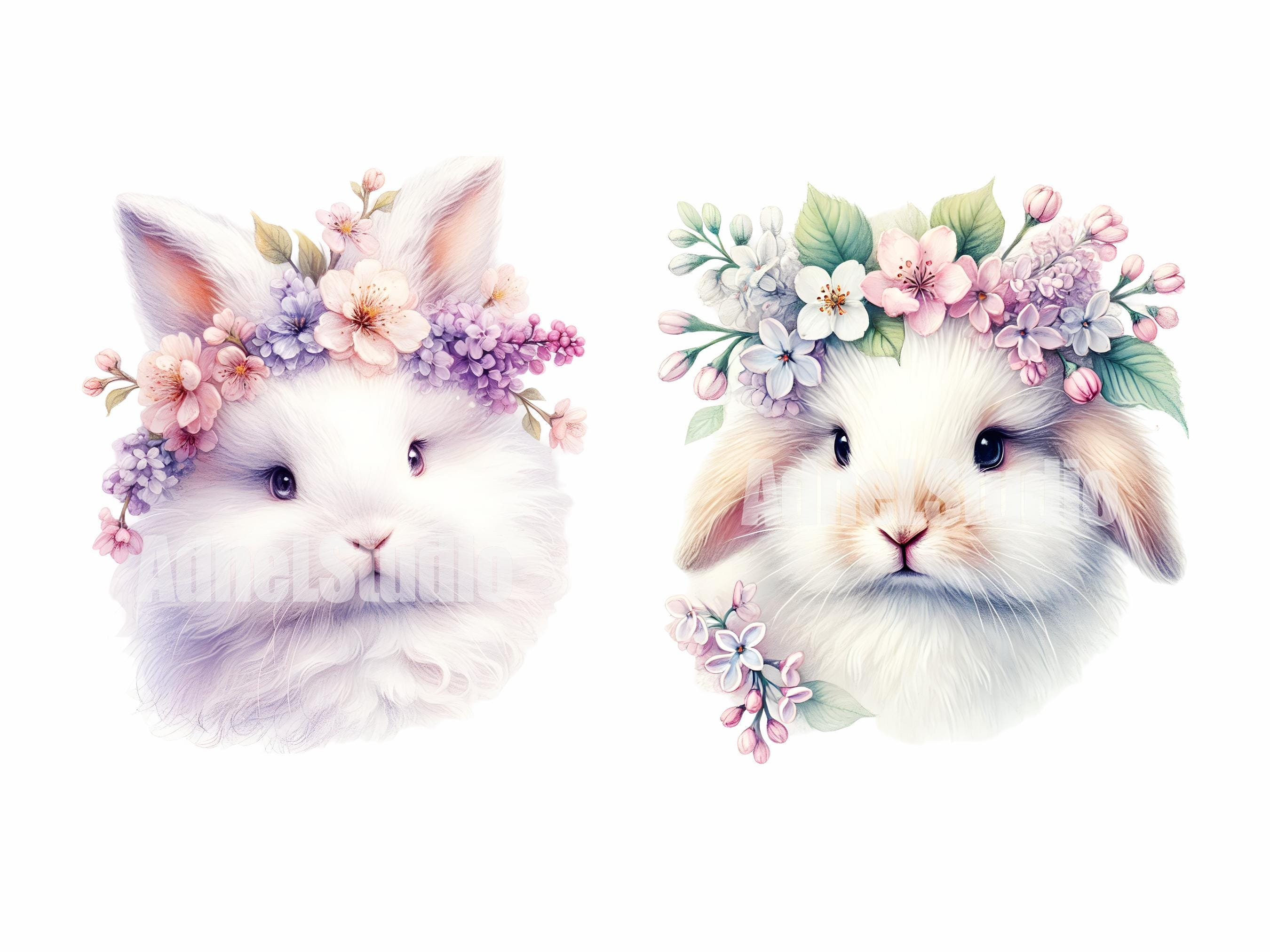 Watercolor Floral Bunny Clipart, Rabbit With Flower Crown Illustrations ...