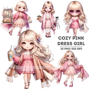 Aquarell gemütliche Clipart, rosa gemütliche Kleid Mädchen Clipart, kleine Mädchen Aufkleber, Anime Mädchen Clipart, Chibi Mädchen Clipart, süße weiße Mädchen Clipart