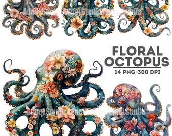 Floral Octopus Clipart, Watercolor Sealife Clipart, Floral Spring Clipart, Octopus Illustration, Octopus Wall Art, Sealife Paintings