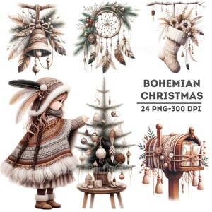 Boho Natal PNG Clipart, Festivo Boho Natal PNG, Arte Digital de Férias de Inverno, Gráficos de Férias Vintage, Scrapbooking de Inverno