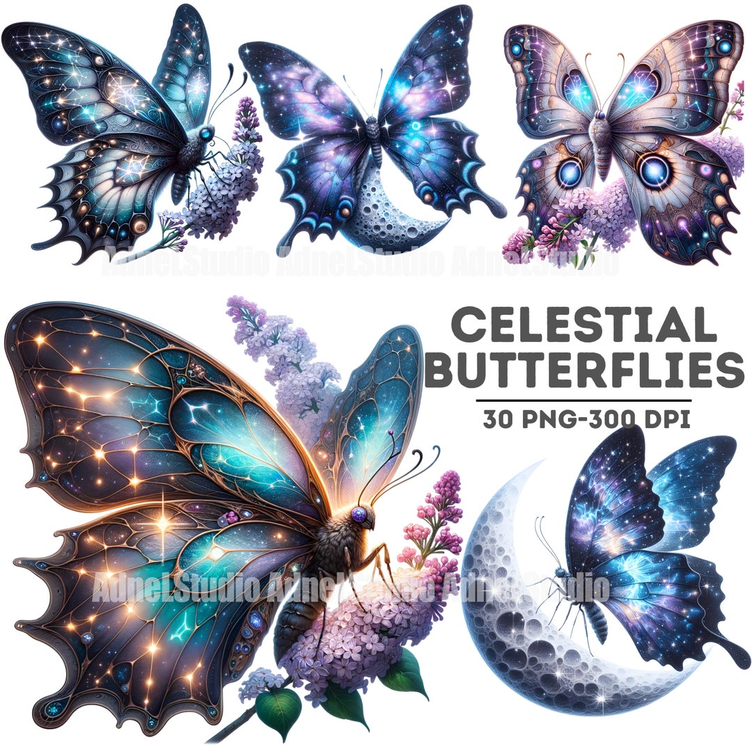 Celestial Butterfly Clipart, Butterflies Clipart Bundle, Butterfly Wall