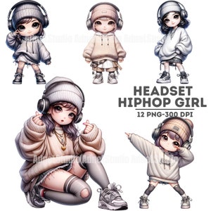 Aquarell Hip Hop Mädchen Clipart, Kopfhörer Mädchen Clipart, Chibi Mädchen Clipart, kleine Mädchen Aufkleber, Aquarell Frühling Clipart, Mütze Mädchen PNG