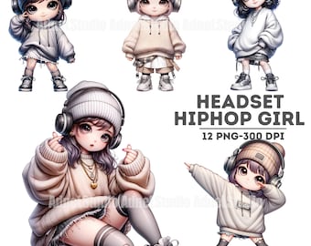 Akvarell hiphopflicka clipart, headsetflicka clipart, chibiflicka clipart, liten flicka klistermärke, akvarell vår clipart, mössflicka PNG