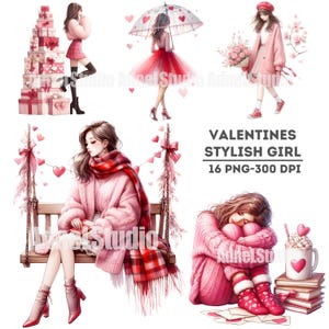 Valentine’s Day Stylish Girl Clipart, Romantic Valentine’s Day Digital Art, Fashion Girl Illustrations, Trendy Valentine Clipart for Cards
