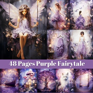 Diario spazzatura delle fiabe viola, Diario spazzatura delle fate viola, Carta effimera da favola, Tecnica mista, Collage di immagini di fate, Scrapbooking digitale
