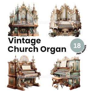 Vintage Church Pipe Organ Clipart - Watercolor Vintage Church Piano Clipart, Religion Clipart, Catholic Church Junk Journal, Scrapbooking