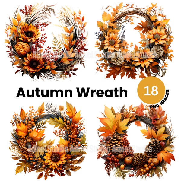 Autumn Wreath Clipart - Cozy Fall Wreath Clipart, Watercolor Fall Thanksgiving Clipart, Autumn Clipart, Autumn Junk Journal, Scrapbooking