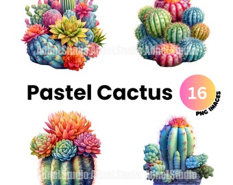 Peut inclure: Un ensemble de 16 illustrations numériques de cactus aux couleurs pastel. Les cactus sont de formes et de tailles variées, et certains ont des fleurs. Les illustrations sont parfaites pour ajouter une touche de fantaisie à vos créations.
