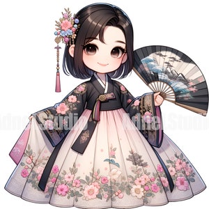 May include: A young girl in a traditional Korean hanbok dress with a pink and black floral pattern. She is holding a black and white fan with a blue and white wave design. The girl has black hair and brown eyes.