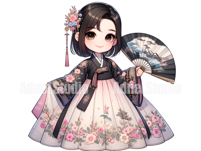 May include: A young girl in a traditional Korean hanbok dress with a pink and black floral pattern. She is holding a black and white fan with a blue and white wave design. The girl has black hair and brown eyes.