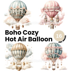 Clipart de balão de ar quente aconchegante Boho - decoração de berçário de balão de ar quente, balão de ar quente caprichoso PNG, arte de parede Boho, clipart vintage para impressão