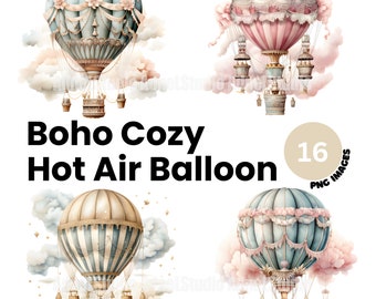 Boho Cozy Hot Air Balloon Clipart - Hot Air Balloon Nursery Decor, Whimsical Hot Air Balloon PNG, Boho Wall Art, Printable Vintage Clipart