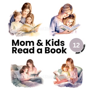 Aquarell Mama und Kinder Clipart - 12 Aquarell Bücherwurm Clipart, Mutter und Tochter Clipart, Buchliebhaber Mädchen Clipart, Muttertag Clipart