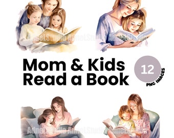 Aquarel moeder en kinderen clipart - 12 aquarel boekenwurm clipart, moeder en dochter clipart, boek minnaar meisje clipart, Moederdag clipart