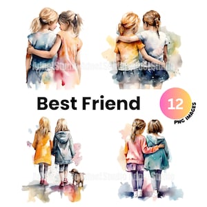 Acuarela mejores amigos clipart - 12 acuarela niños niña BFF clipart, mejor amiga niña clipart, hermana clipart, Kids Junk Journal