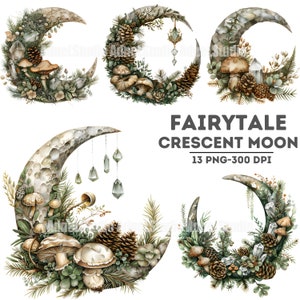 Acquerello favola Crescent Moon Clipart - Fairy Moon Clipart, Fantasy Clipart, Fairytale Clipart, Kids Book Art Clipart, Magic Forest PNG
