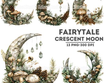 Watercolor Fairytale Crescent Moon Clipart - Fairy Moon Clipart, Fantasy Clipart, Fairytale Clipart, Kids Book Art Clipart, Magic Forest PNG