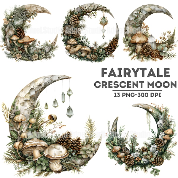 Watercolor Fairytale Crescent Moon Clipart - Fairy Moon Clipart, Fantasy Clipart, Fairytale Clipart, Kids Book Art Clipart, Magic Forest PNG