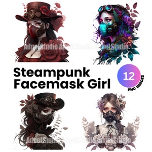 Watercolor steampunk girl clipart - Steampunk face mask women png, Steampunk floral girl clipart, Steampunk victorian png, Fantasy clipart