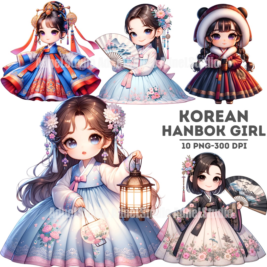 Watercolor Korean Hanbok Girl Clipart, Korean Hanbok Sticker