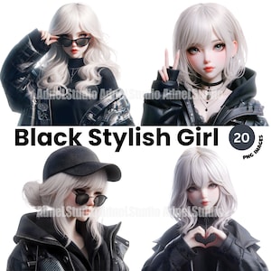 Black Urban Fashion Girl Clipart - Stylish Fashion Girl Clipart, Sunglasses Girl Clipart, Finger Heart Girl Clipart, Anime Girl Stickers
