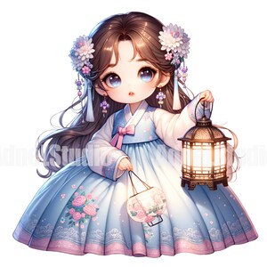 May include: A young girl in a blue and pink hanbok dress holds a lantern in one hand and a small bag in the other. She has long brown hair with flowers in it and is wearing earrings.