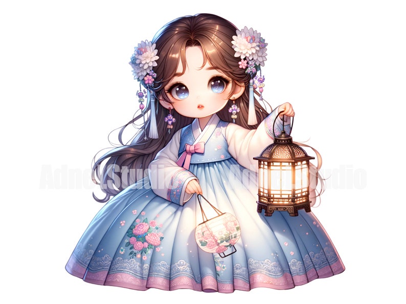 May include: A young girl in a blue and pink hanbok dress holds a lantern in one hand and a small bag in the other. She has long brown hair with flowers in it and is wearing earrings.