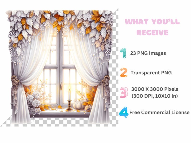 May include: A digital illustration of a window with white curtains and a fall-themed scene. The window is decorated with autumn leaves, a white pumpkin, and a lit candle. The text "WHAT YOU'LL RECEIVE" is visible in the upper right corner of the image.