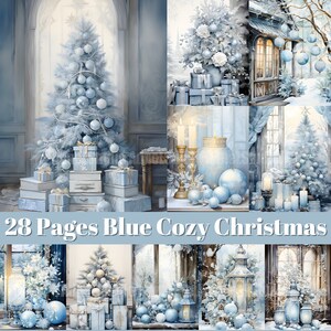 Diário de lixo de Natal azul aconchegante, página de diário de Natal vintage, coisas efêmeras de Natal azul, mídia mista, álbum de recortes digital com colagem de imagens