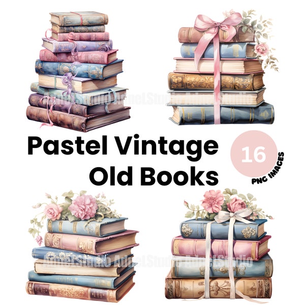 Vintage Old Books Clipart - Stack of Old Books Pastel Nursery Decor, Book Lover Clipart, Boho Book Wall Art, Printable Vintage Clipart