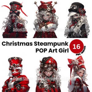 Aquarel Kerst Steampunk Pop Art Girl Clipart - Steampunk Girl Clipart, Anime Girl Stickers, Steampunk Papercraft, Scrapbooking