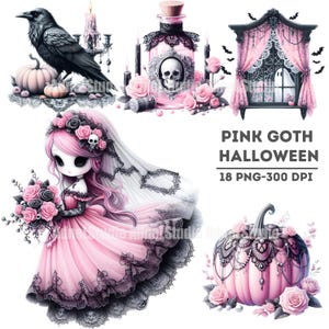 Pink Goth Halloween PNG, Pink Gothic Halloween Clipart, Cute Spooky Decor, Creepy Cute Illustrations, Victorian Gothic Halloween Decor PNG