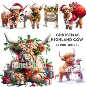 Kerst hooglandkoe png-bundel, kerst hooglandkoe clipart, feestelijke vakantie dieren png, schattige hooglandkoe kerst clipart