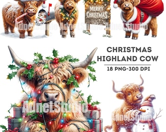 May include: A set of 18 digital images featuring a Highland cow in various Christmas-themed scenes. The images include a cow wearing a Santa hat, a cow with a wreath of holly and lights, and a cow pulling a sleigh full of presents. The images are perfect for creating holiday cards, invitations, or other festive crafts.