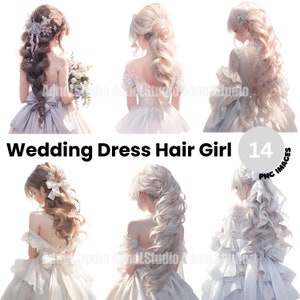 Imágenes Prediseñadas de chica de pelo de vestido de novia, imágenes prediseñadas de pelo de vestido de novia blanco, artesanía de papel de chica de moda, álbum de recortes de moda de boda, pegatina de chica anime
