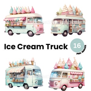 Watercolor Ice Cream Truck Clipart: 16 PNG Images (Digital Download)
