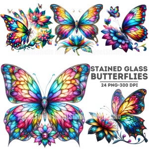 Glasmalerei Schmetterling Clipart Bundle, Glasmalerei Schmetterling Wandkunst, Schmetterling Illustration, Schmetterling Kinderzimmer Dekor, Schmetterling PNG