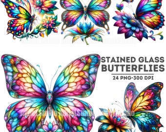 Stained Glass Butterfly Clipart Bundle, Stained Glass Butterfly Wall Art, Butterfly Illustration, Butterfly Nursery Decor, Butterfly PNG