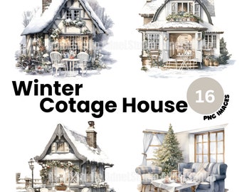 Imágenes Prediseñadas de cabaña de acuarela - Imágenes Prediseñadas Vintage Cottage Core, imágenes prediseñadas de vida de cabaña de invierno, casa de cabaña de invierno PNG, imágenes prediseñadas de casa de campo acogedora