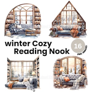 Aquarell Winter gemütliche Leseecke Clipart - Vintage Cottagecore Clipart, Leseecke, gemütliche ästhetische Scrapbooking, gemütliche Winter Clipart